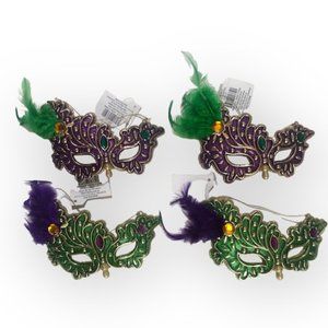 4 Mardi Gras Mask Ornaments Purple Green 6.25" x 6" Hobby Lobby NWT